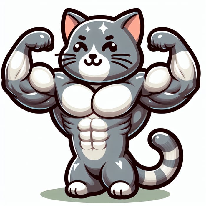 Ripped Cartoon Cat Showing Muscle | Grey & White Fur