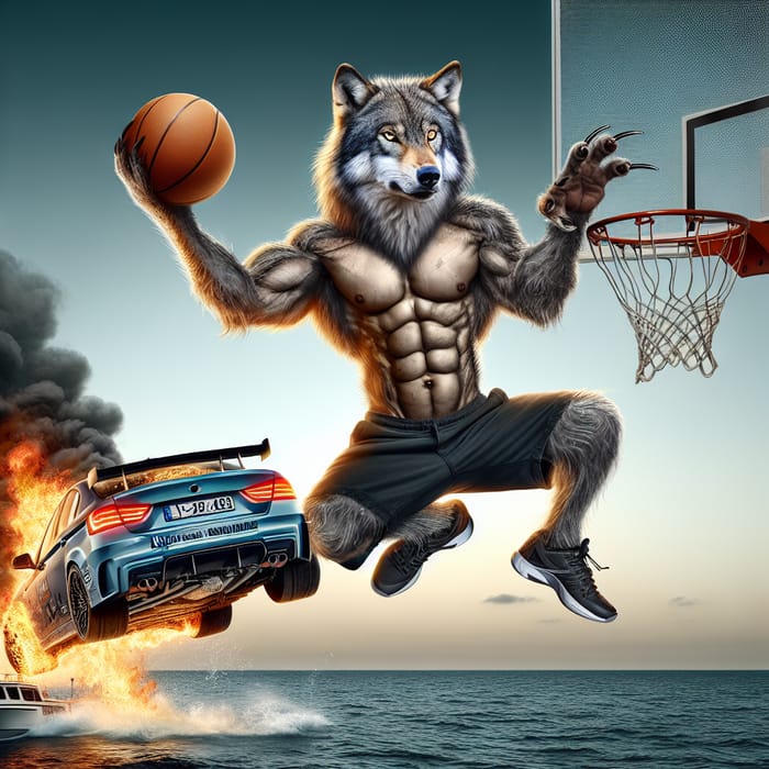 Wolf Car Racer Dunking Basketball in Ocean | Unique Athlete Scene