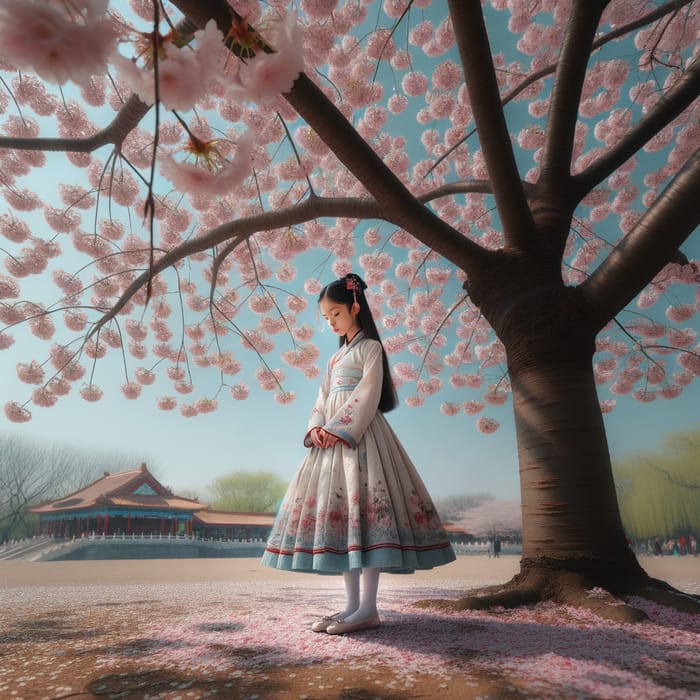 Chinese Girl Under Cherry Blossom Tree at Dusk