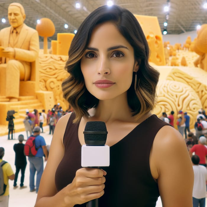 Serious Female Reporter at Cheese Statue Exhibition