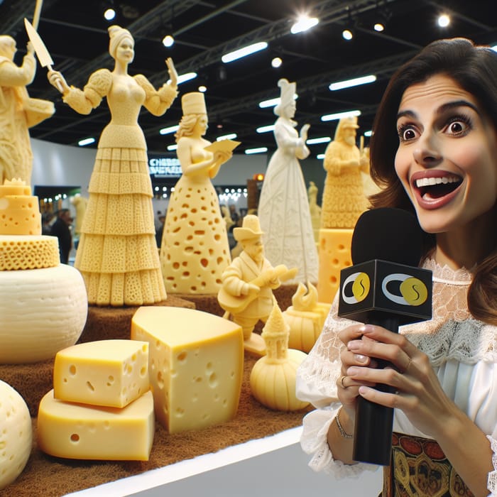 Female Reporter at Cheese Statue Exhibition - Artistic Culinary Showcase