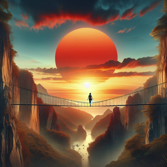 Breathtaking Sunset Scene: Person Crossing Suspension Bridge in Nature