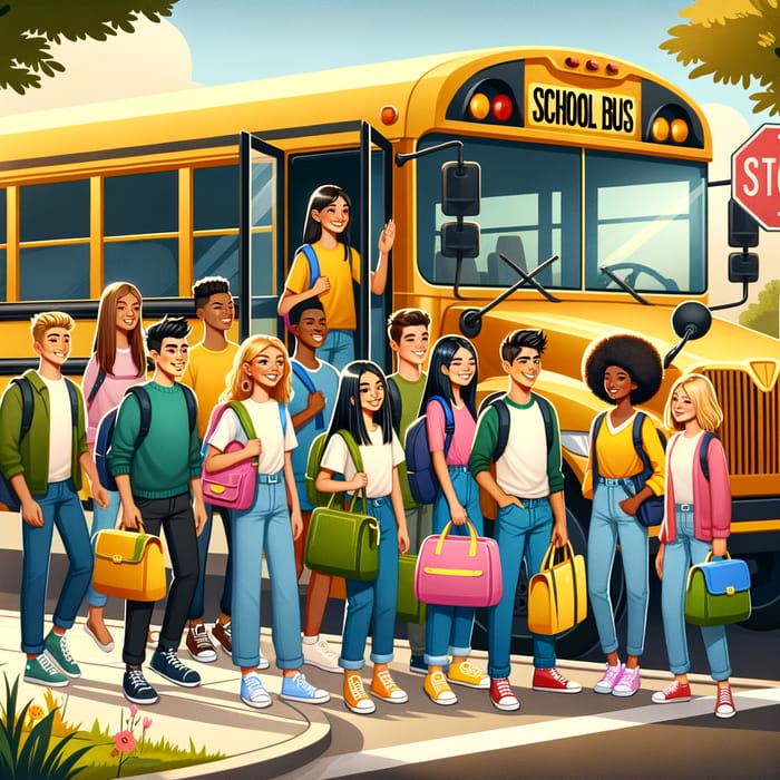Diverse Students Exiting School Bus - Multicultural Scene