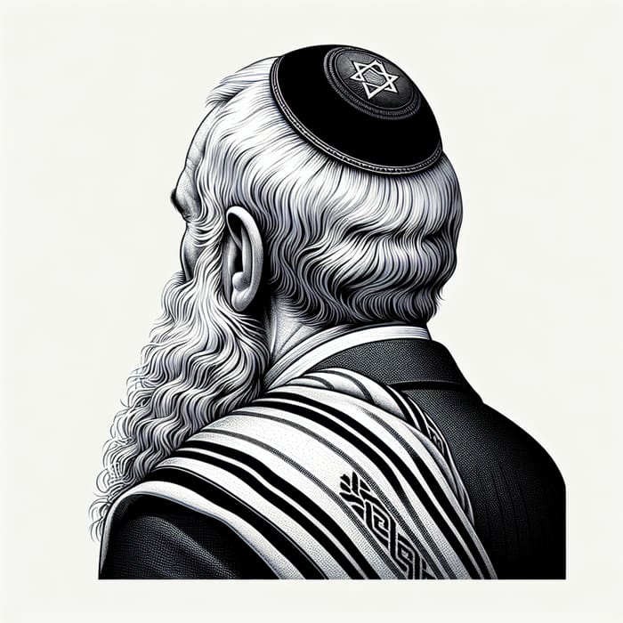 Elderly Rabbi Profile with Gray Long Beard, Kippah & Tallit