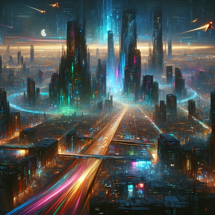 Bustling Cyberpunk Metropolis: Vibrant Neon Lights & Flying Cars