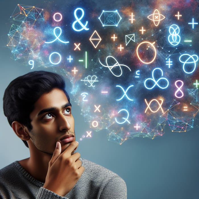 South Asian Person in Deep Thought with Logical Symbols - Cognitive Contemplation