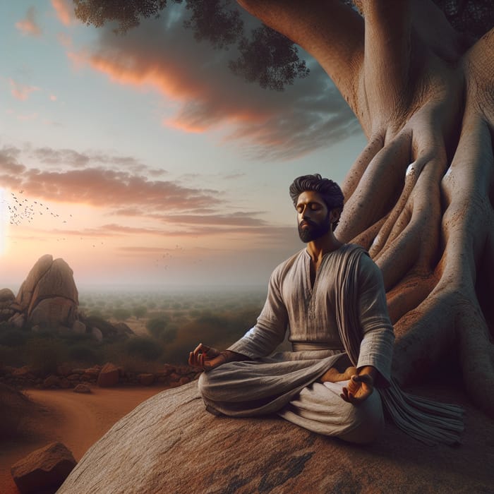 Motivational Stoicism: South Asian Man Meditating under Ancient Tree