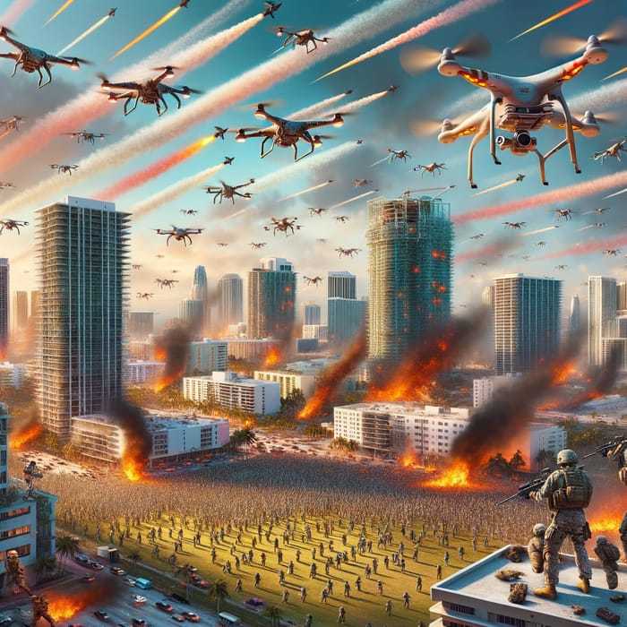 Miami Skyline Drone Invasion: Urban Chaos and Soldier Resistance