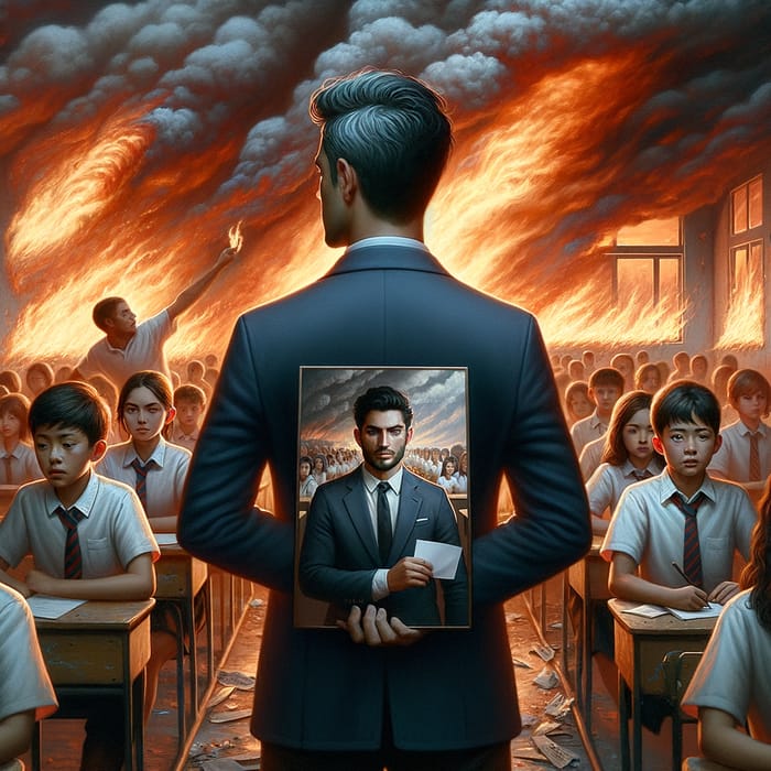 Man in Blazer Amidst Flames | School Scenario with Diverse Students