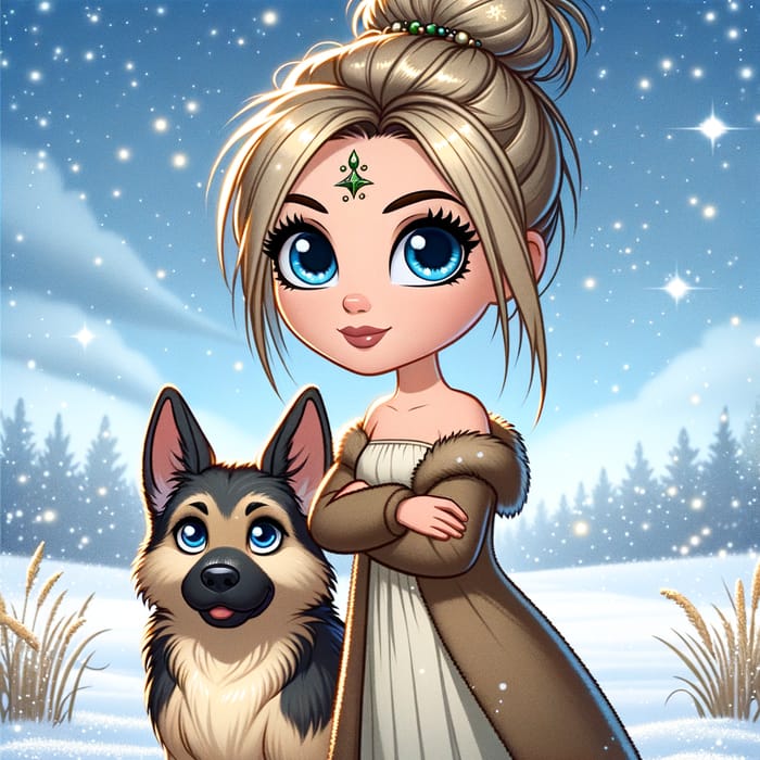 Realistic Female Grinch with German Shepherd in Snow Field