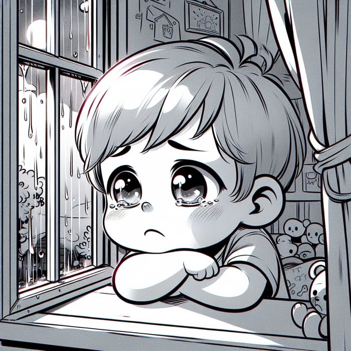 Melancholic Child Looking Out Window Cartoon