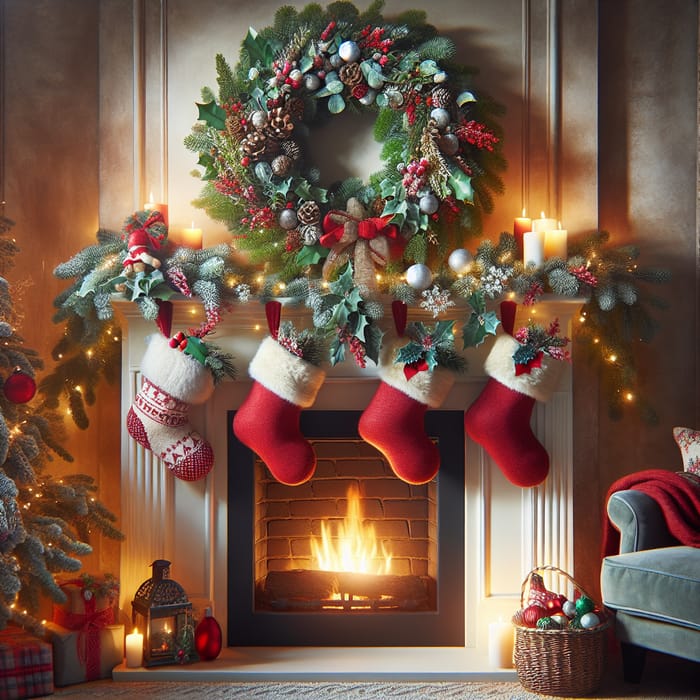 Festive Fireplace with Christmas Wreath
