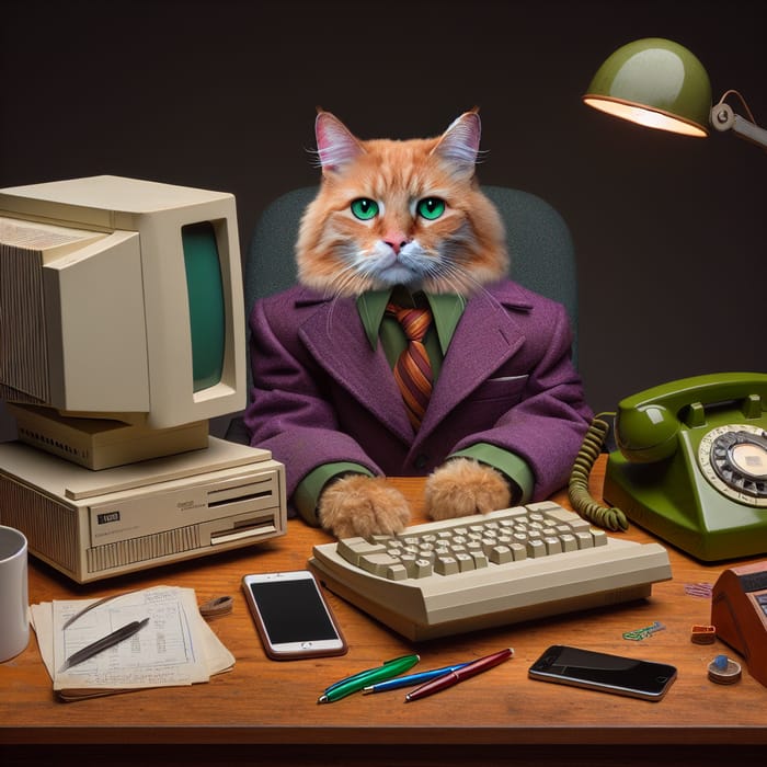 Overworked Orange Cat in 1970s Purple Suit at Busy Office Desk