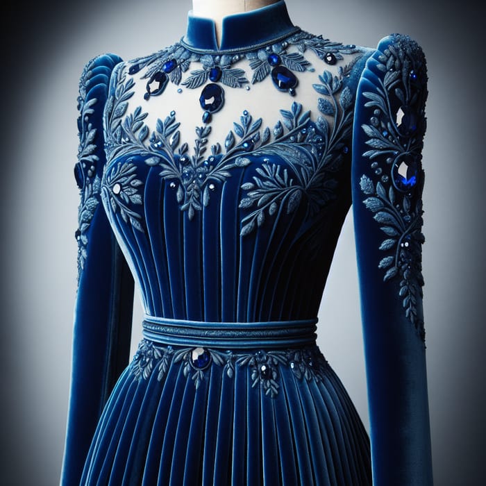 Elegant Blue Velvet Dress with Sapphire Embroidery | Exquisite Design