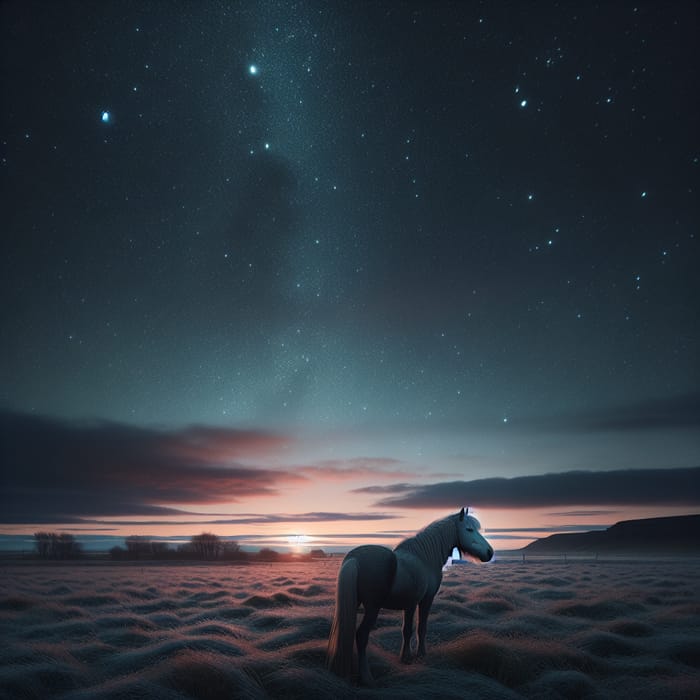 Lonely Horse Standing in Field at Night Gazing at Starry Sky