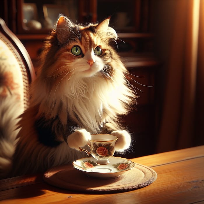 Cute Calico Cat Sipping Tea on Wood Table