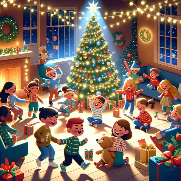 Kids Having Fun Around Christmas Tree | Festive Holiday Illustration