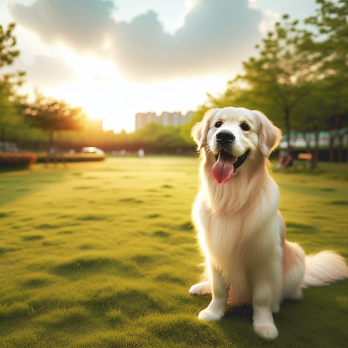 Happy Fluffy Golden Retriever in a Lively Park