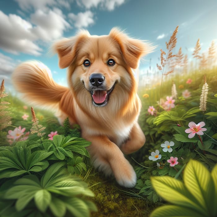 Golden Fur Dog in Vibrant Meadow