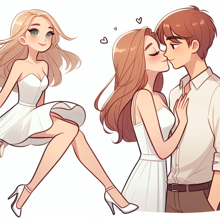 Fair Skin Teenage Couple Embracing and Kissing in White Dress | Romantic Scene