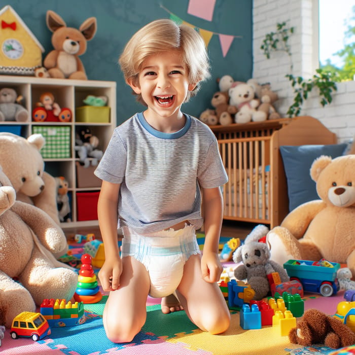 Cute 10-Year-Old Diaper Boy Enjoying Playtime in Vibrant Playroom