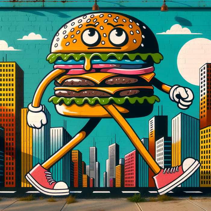 Vibrant Urban Mural: Cartoon Hamburger Strolling Through Colorful City