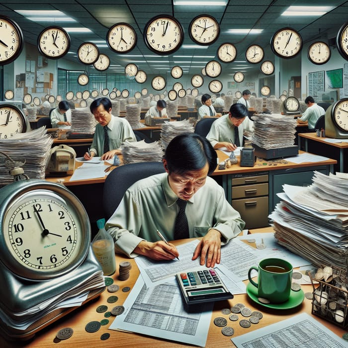 Surreal Art: Chinese Man Working in Busy Office | Time-Work Ratio