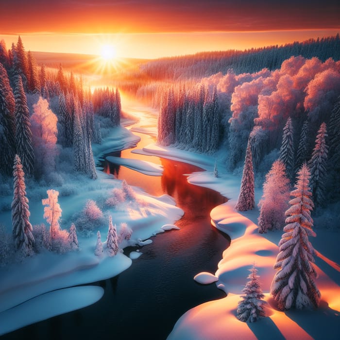 Winter Forest River Sunset View