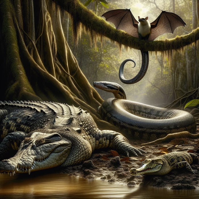 Crocodile, Anaconda, and Bat - Majestic Wildlife Trio