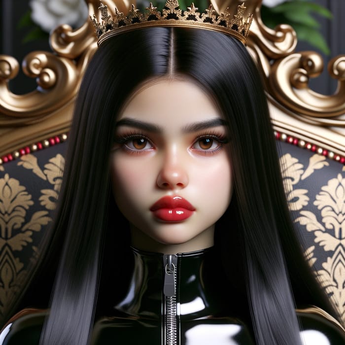 Young Hispanic Girl with Black Hair on Ornate Throne | Latex Suit & Crown