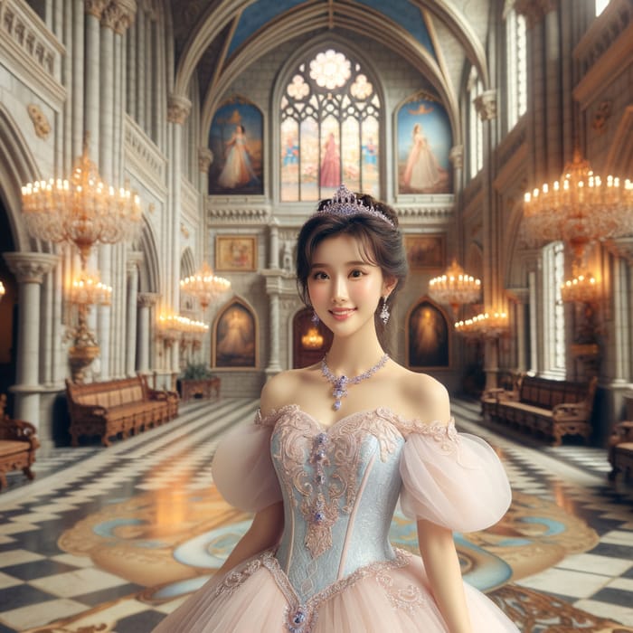 Asian Princess in Grand Castle Hallway | Regal Ball Gown - Enchanting Portrait