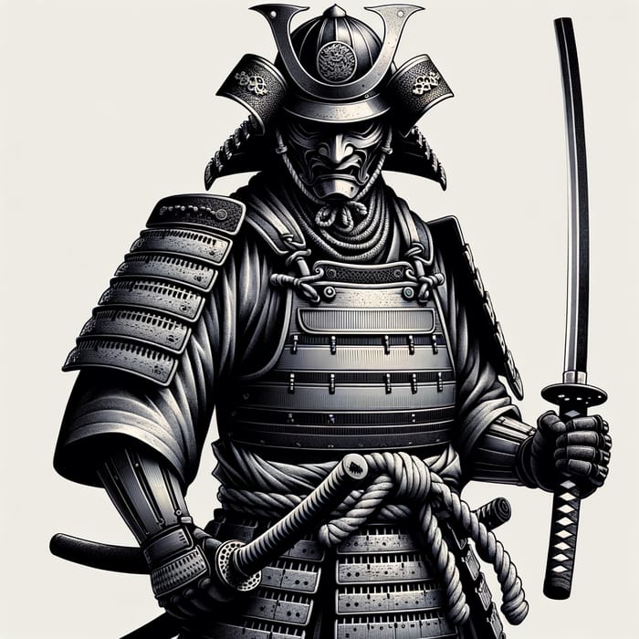 Majestic Samurai Warrior in Traditional Japanese Attire - Black & White