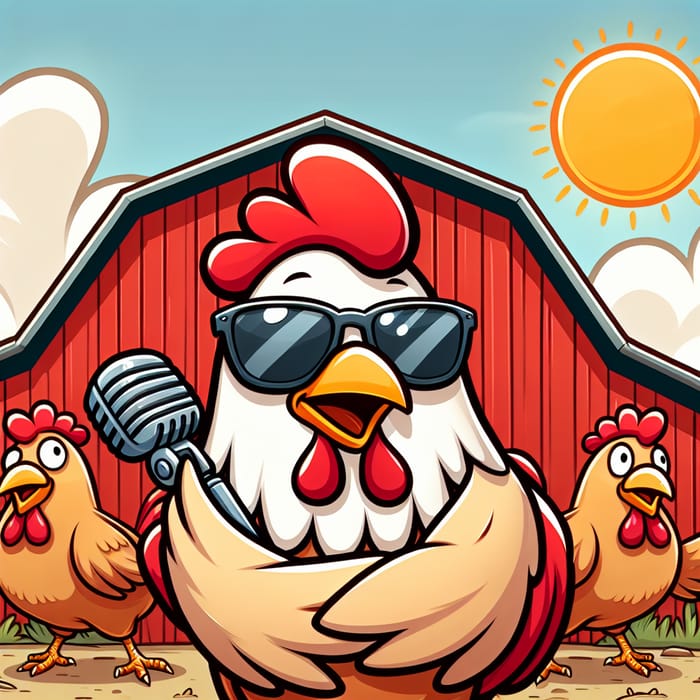 Funny Cartoon Chickens in Red Barn - Sunglasses & Microphone