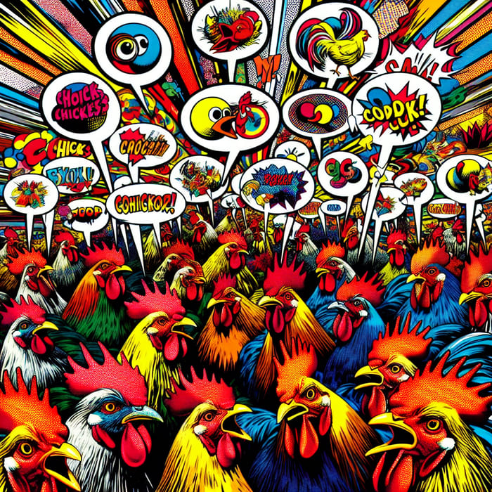 Whimsical Chicken Chatter: A Pop Art Comedy Scene