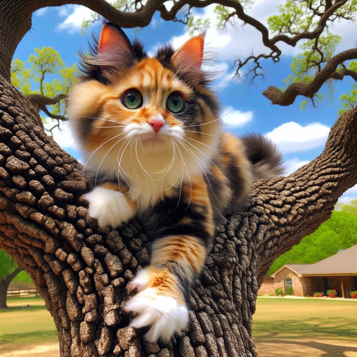 Fluffy Calico Cat Playfully Perched in Tree | Beautiful Backyard Scene