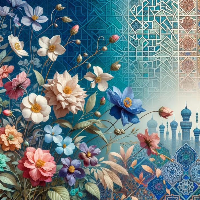 Blooms and Islamic motifs on Blue Background | Visual Harmony