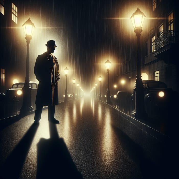 Vigilance Noir Scene | Trench Coat Detective & Fedora