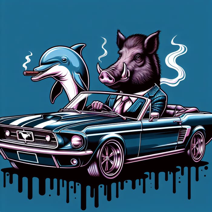 Drip-Style Boar Drives Ford Mustang with Dolphin Co-Pilot