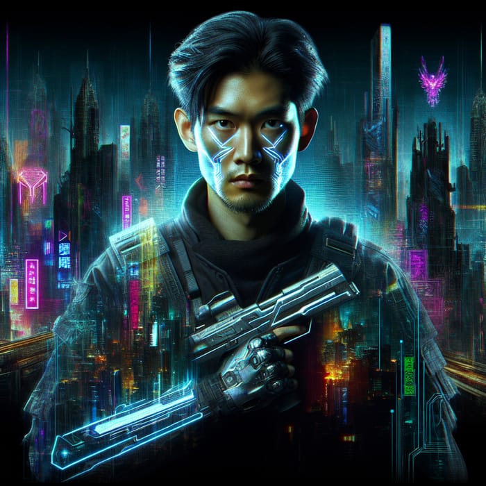 Cyberpunk Style Portrait of a Young Asian Man with Neon Glow and Futuristic Gun