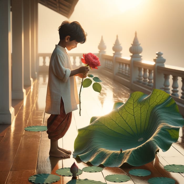 Boy with Rose Flower on Lotus Leaf in Tranquil Terrace