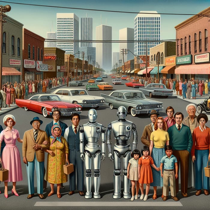 Futuristic Robots Walking Among Diverse 1970s City Crowd