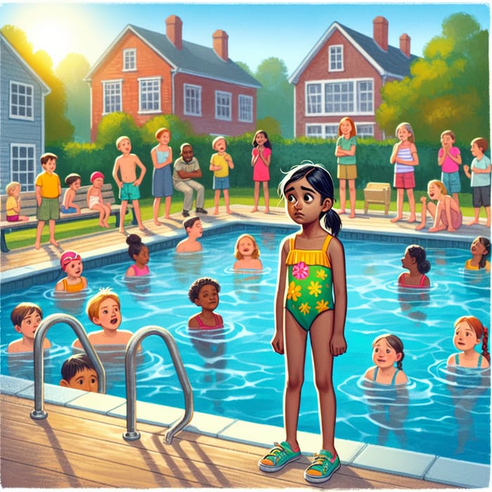 Mia's Hesitant Moment by the Vibrant Pool with Diverse Children