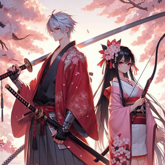 Inuyasha and Kikyo: Traditional Japanese Couple in Romantic Cherry Blossom Scene