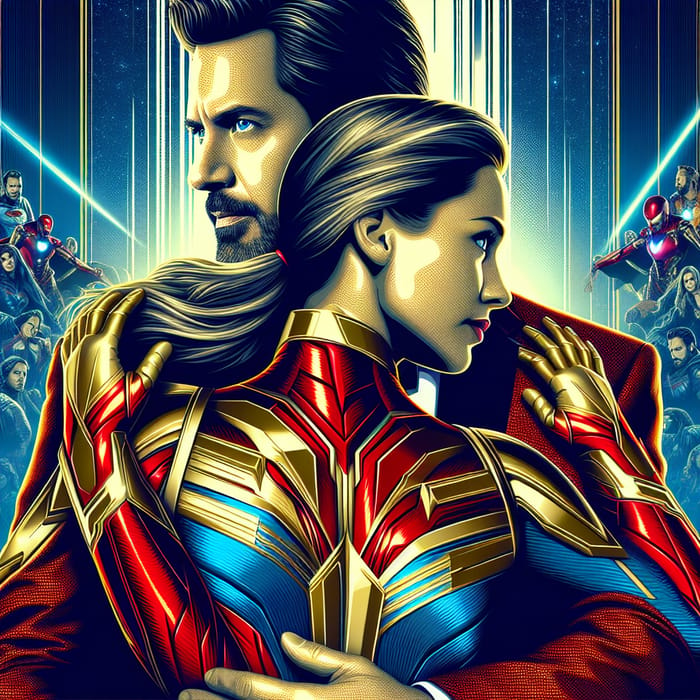 Iron Man Movie Poster: Tony Stark & Blue-Suited Woman Embrace in Futuristic City