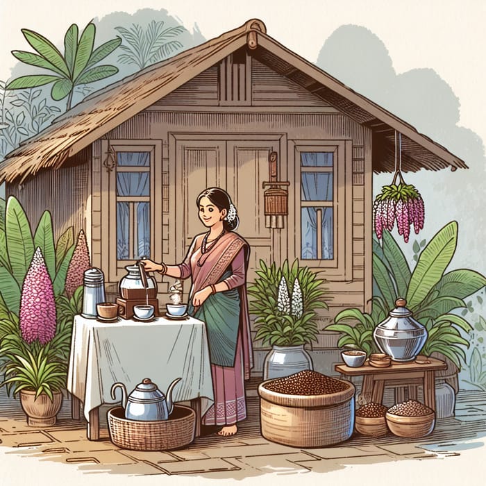 House with South Asian Woman Selling Coffee