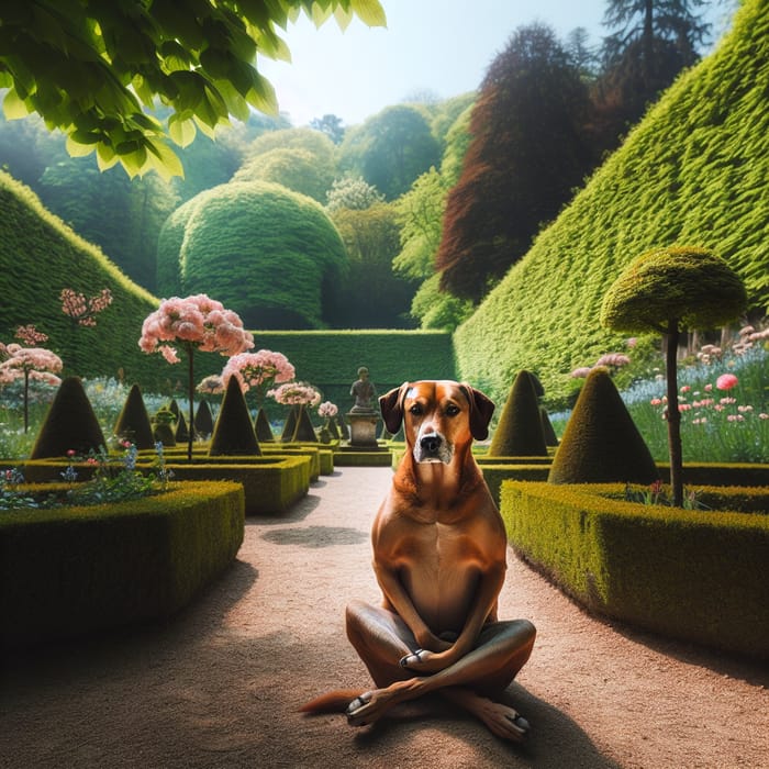 Cartoon Dog Meditating in Tranquil Garden Scene
