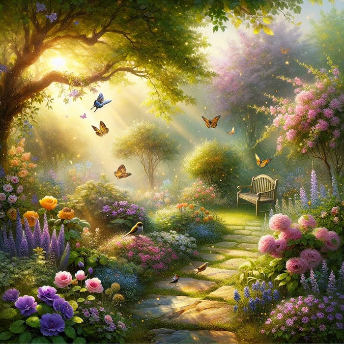 Enchanting Spring Garden with Blooming Flowers and Butterflies