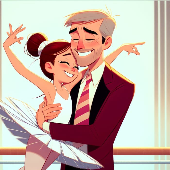 Disney-Style Animated Ballerina Girl and Office Dad Embrace