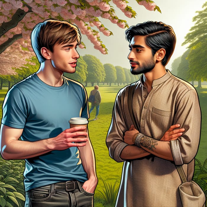 Young Men Having A Discussion Under Cherry Blossom Tree