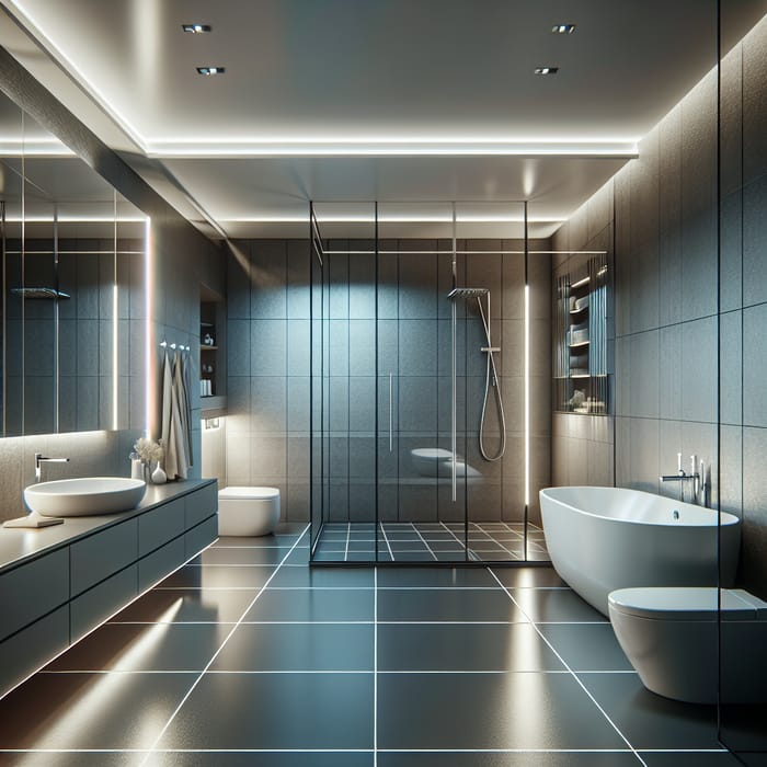 Modern Bathroom Design: Sleek Gray Tiles, Glass Shower & Ceramic Bathtub